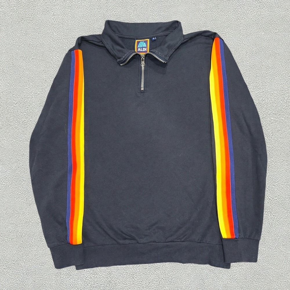 ALDI Gear Mens Quarter Zip Pullover Navy Blue Rainbow Stripe Sweatshirt S